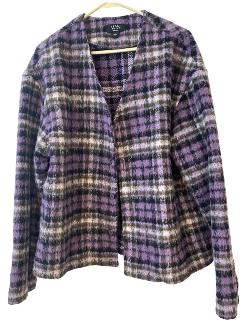 BoohooMAN Mens L Purple Black Plaid Fuzzy Knit Button Cardigan Grunge